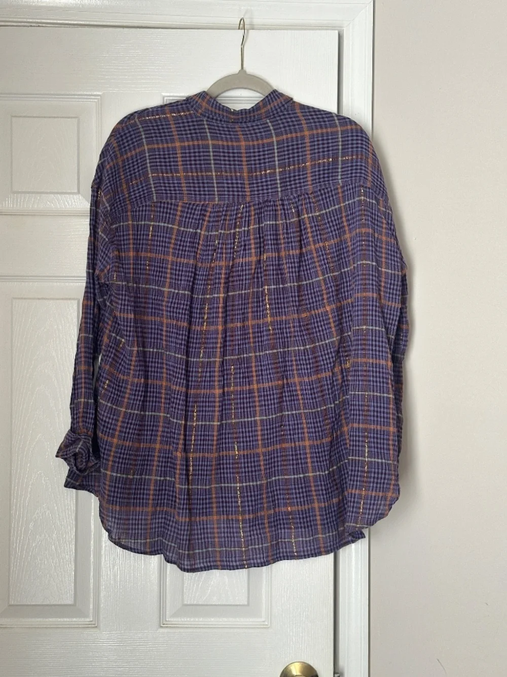 Free People Break My Stride Button Down Up Shirt Tunic Purple Metallic Small